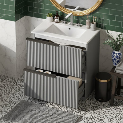   30" Fluted Single Bathroom Vanity with Ceramic Sink - 8" Widespread 2-Drawer Storage Cabinet - Ribbed Design - Gray