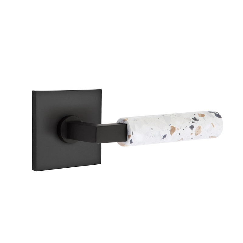 Mortaise intérieure Emtek Select avec rosette carrée et tige carrée en L, levier Terrazzo clair, Gauche, Dos plat