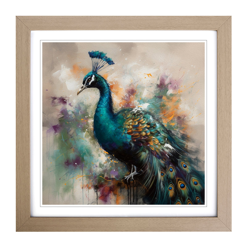 Peacock Gestural Art - Framed Print, Oak