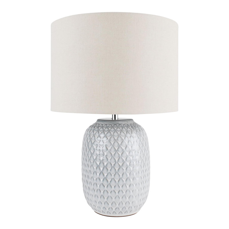 Set Of 2 Reactive Glazed Textured Grey Ceramic Table Light With Natural Linen Cylinder Fabric Shade