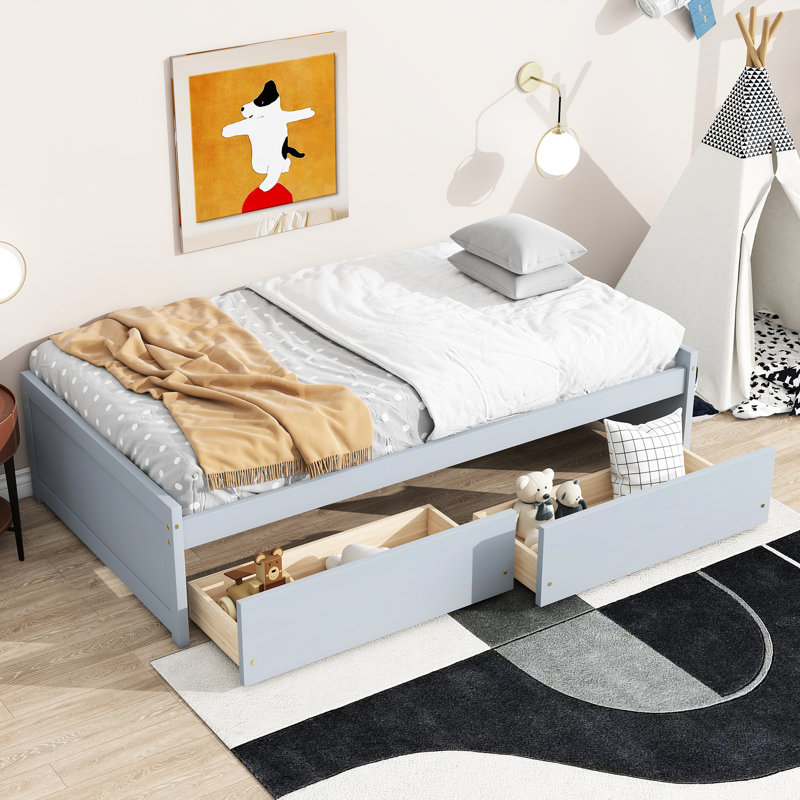 Solid Rubber Wood Twin Bed With 2 Drawers In Grey, Modern Design Bed, Smooth - Gliding Drawer Feature Grey Size Made From Wood, For Linens And Accessories Storage