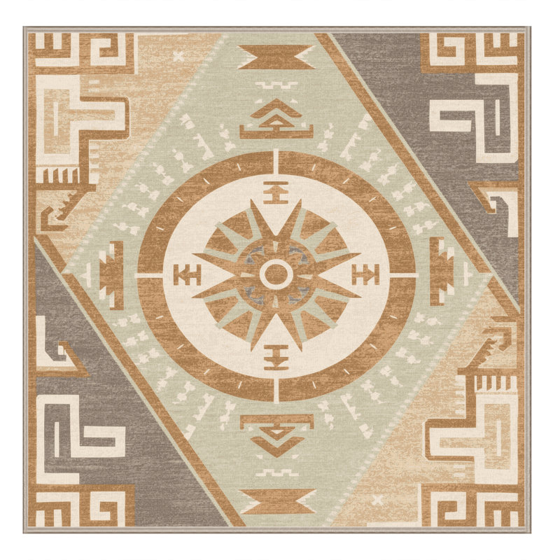 Tapis moelleux moelleux à motif de blocs d'inspiration mondiale Ebbert, Carré 4 pi