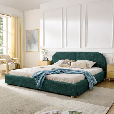 Très grande base de lit tapissier de style très minimaliste avec tête de lit incurvée de grande taille, tissu en fil de cercle de qualité supérieure et support de pieds robuste, matelas non inclus - vert
