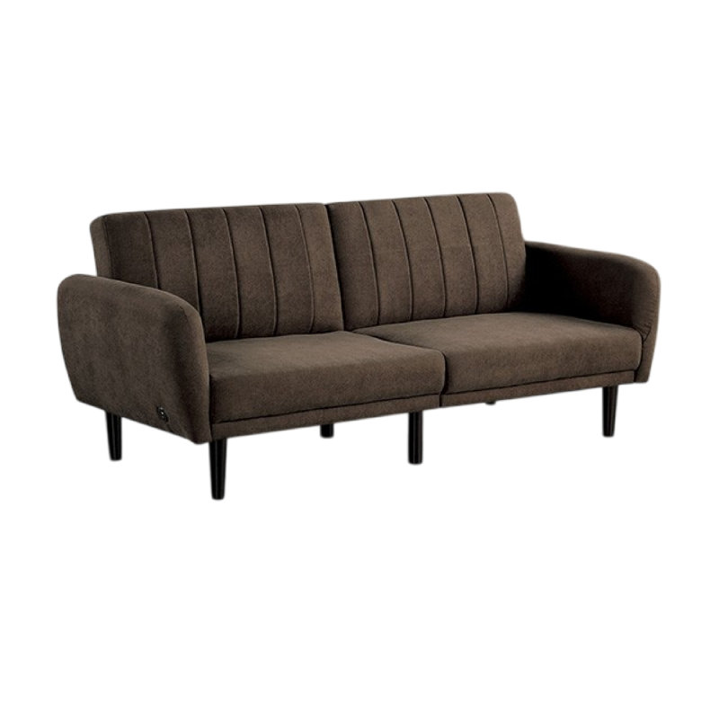 Arz Fold Out Futon Sofa Bed, Light Gray, Retro Channel Tufted Back, Brown Fabric
