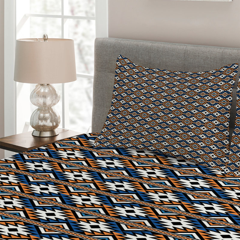 Rustic Geometric Shapes Coverlet, King Bedspread + 2 Shams