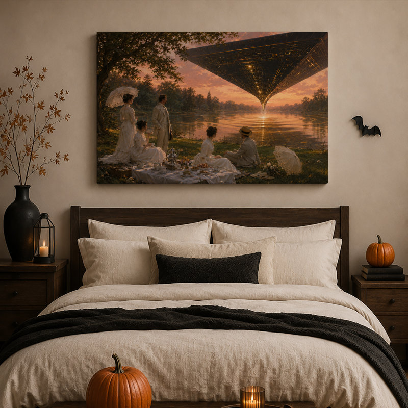 Toile murale d'Halloween « Pique-nique victorien sous un ciel géométrique géant », H 16 po x l 24 po