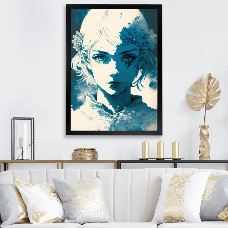 Chayim, dessin animé rétro en bleu rétro III sur toile, Cadre photo noir, H 32 po x l 16 po x P 1 po
