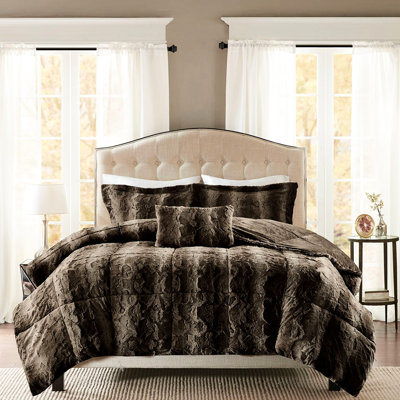 Dark Brown King Faux Fur Bedding , Fill, 4Pc With Comforter, 2 Shams And 1 Decorative Pillow Luxury Comforter