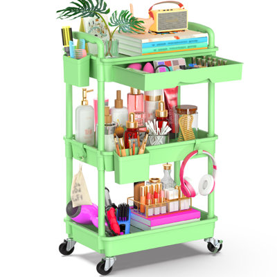 3 Tier Rolling Cart with Drawer & Lockable Wheels, Plastic Shelf Storage Organizer Cart