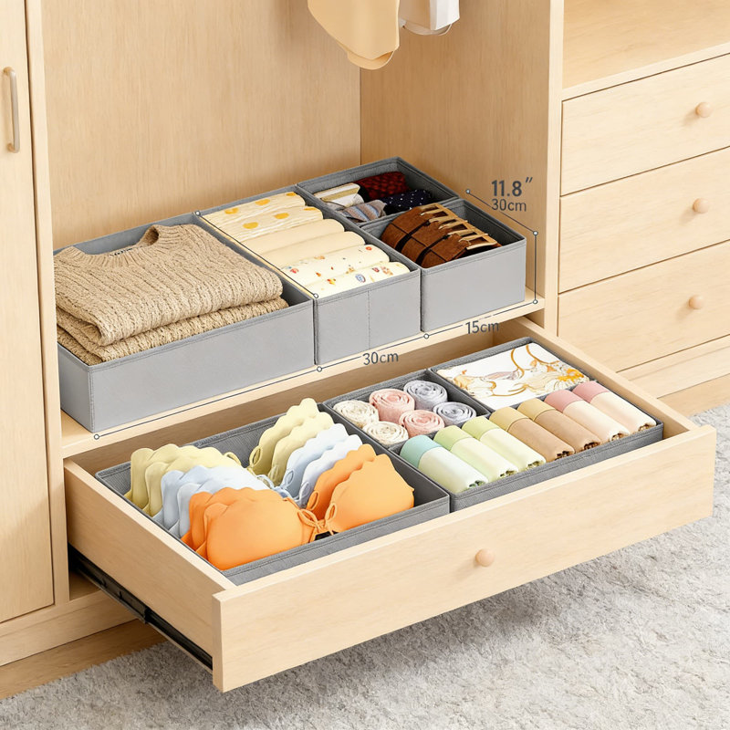 Ensemble de 26 organisateurs de tiroirs pliables en tissu - Séparateurs pour garde-robe et commode, Gris