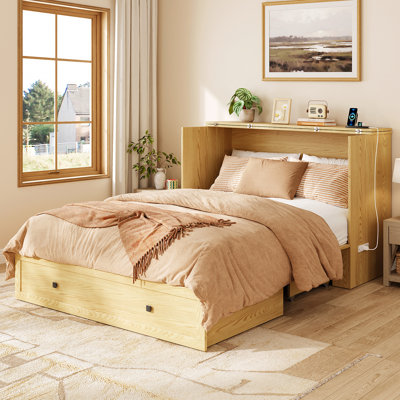 Farmhouse Murphy Bed With Storage,Murphy Bed Cabinet With Build-in Charging Station For Bedroom,Guest Room