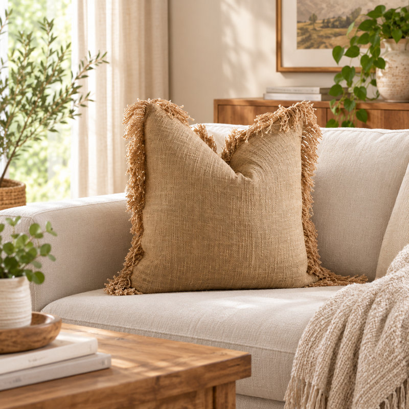 Housse de coussin carré 100% coton India Chic, housse décorative tissée à la main, 18 po x 18 po, Brun clair