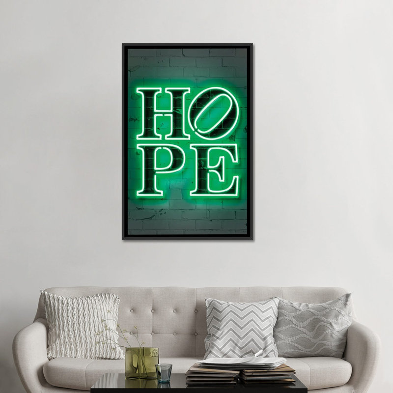"Hope" par Octavio Mielu-impression d’art textuel, H 48 po x l 32 po x P 1,5 po, Toile avec cadre noir, Pas de tapis
