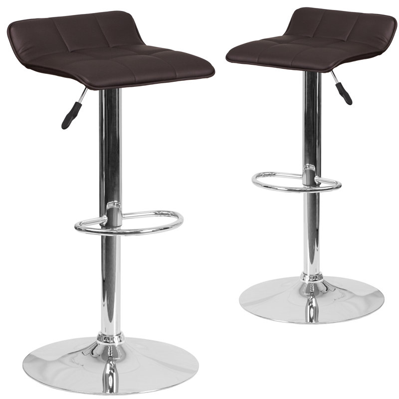 Amp Contemporary Vinyl Adjustable Height Barstool with Quilted Wave Seat, Brown