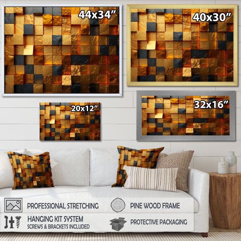 Grunge cubes dorés abstrait géométrique IV - art mural abstrait géométrique, Cadre flottant noir, H 24 po x l 32 po x P 1 po
