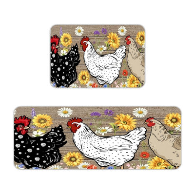 Farmhouse Decor Farm Chicken Sunflower Daisy Wooden Plank Print 2 Pcs Kitchen Floor Mats