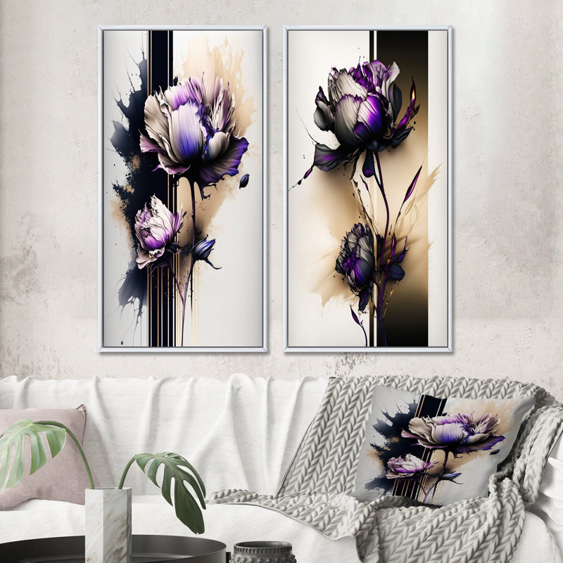 «Puple Peony Flower on Abstract Paint III», ensemble de 2 reproductions, Cadre blanc, H 40 po x l 40 po