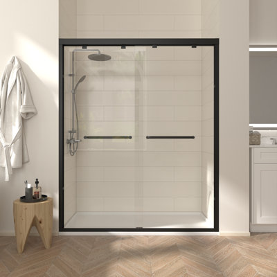 56"-60W"*76H"Double Sliding Black Semi-Frameless Shower Door with 5/16"(8mm) Clear SGCC Tempered Glass, with Two Towel Bars