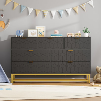 Ample Storage Modern 7 Drawer Dresser – Wide Chest with Golden Metal Handles & Legs – Farmhouse Rustic Style, Entryway & Bedroom Storage Cabinet – Bla