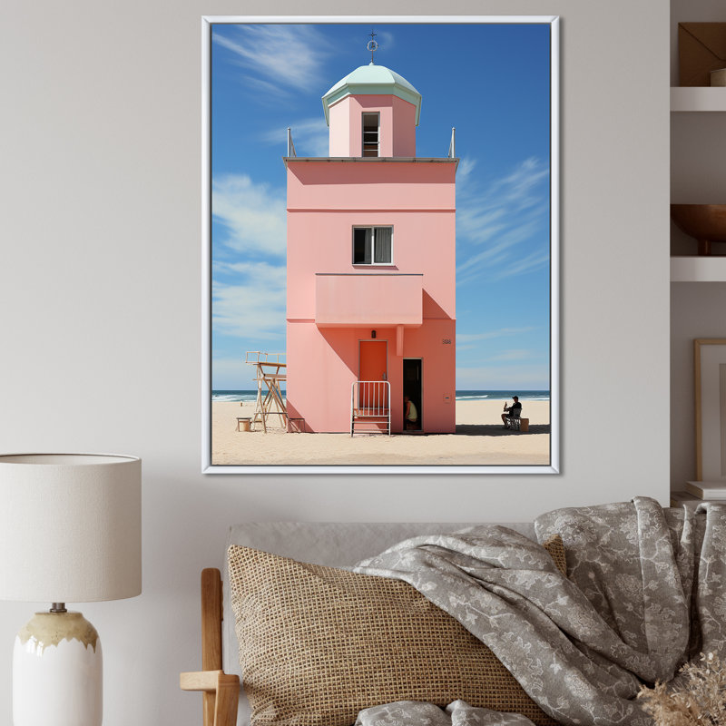 «Pink Summer House On Miami Beach», reproduction sur toile, Cadre flottant blanc, H 44 po x l 34 po x P 1,5 po