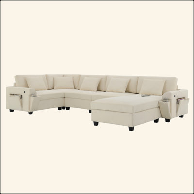 128*67" U Shaped Sectional Sofa,6 Seat Chenille Couch Set With Oversized Ottoman,Hidden Armrest Storage And Cup Holders,USB Charging Ports,Wide Seat Sofa For Living Room,Apartment,2 Colors