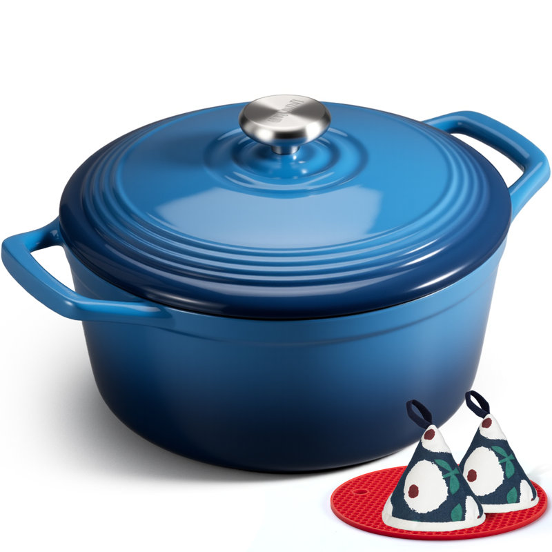 Cocotte en fonte émaillée Overmont, casserole robuste avec couvercle et deux poignées, pour braiser, ragoûts, rôtir et faire du pain