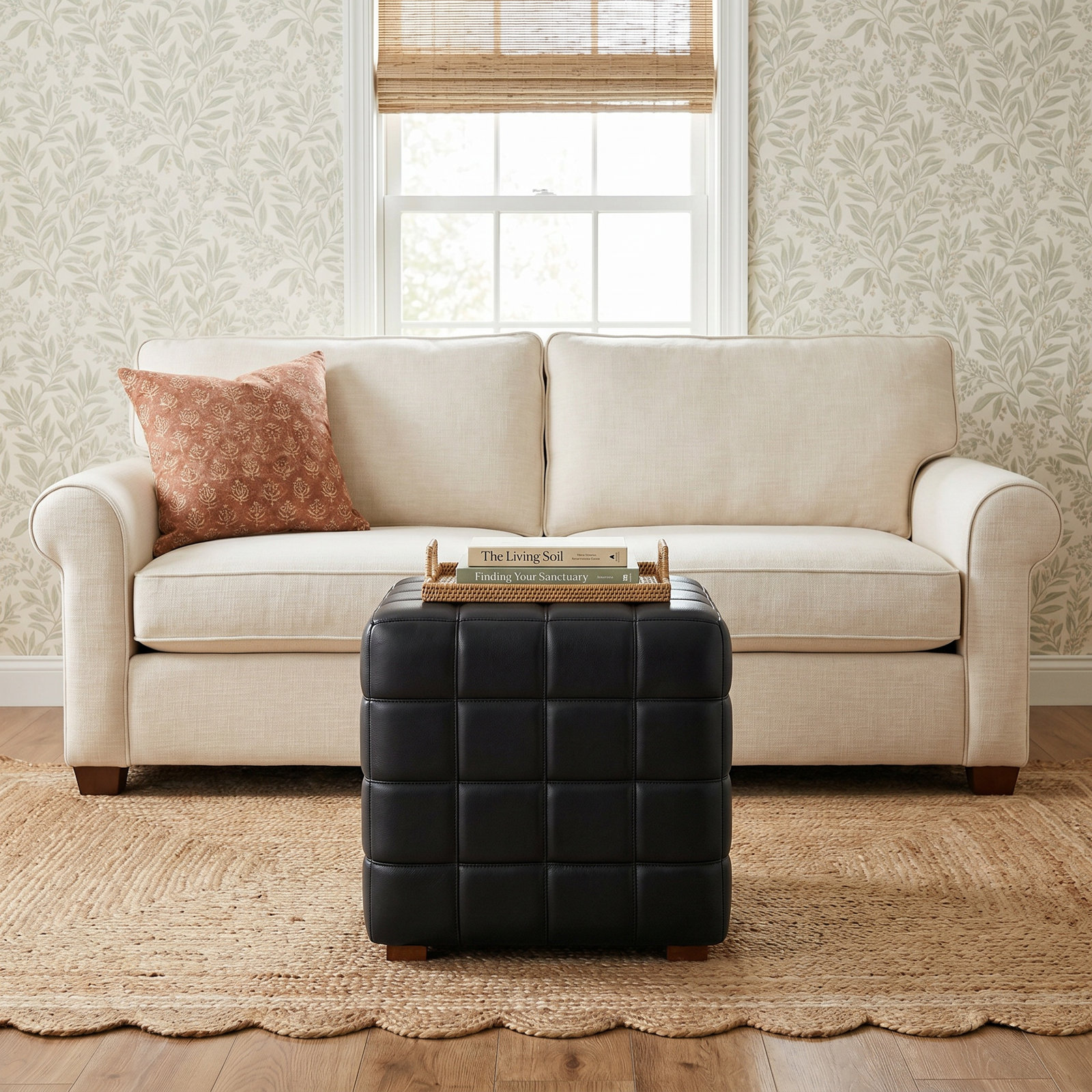 Giana Leather Ottoman, Black