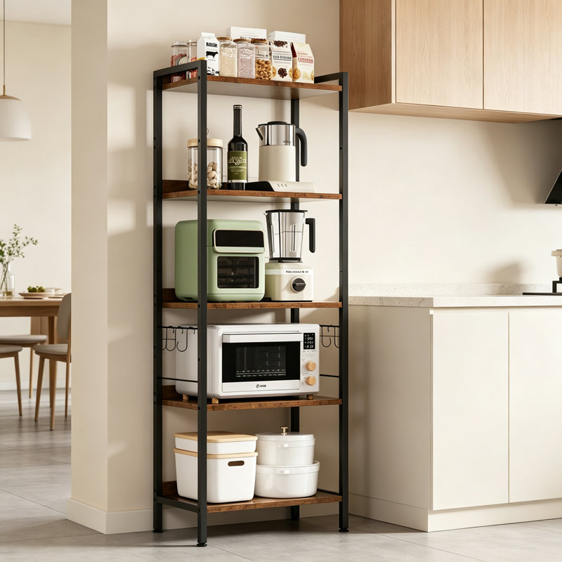 5-Tier Freestanding Kitchen Storage Shelf Unit with S-Shaped Hooks, Adjustable Multipurpose Standing Baker's Rack and Bookshelf for Home Kitchen and Living Room
