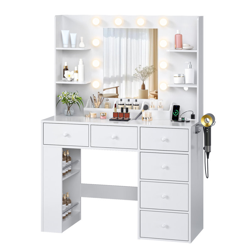 Lighted Vanity Table - 10pcs 3-Color Dimmable Bulbs, 6 Drawers, Power Strip, White