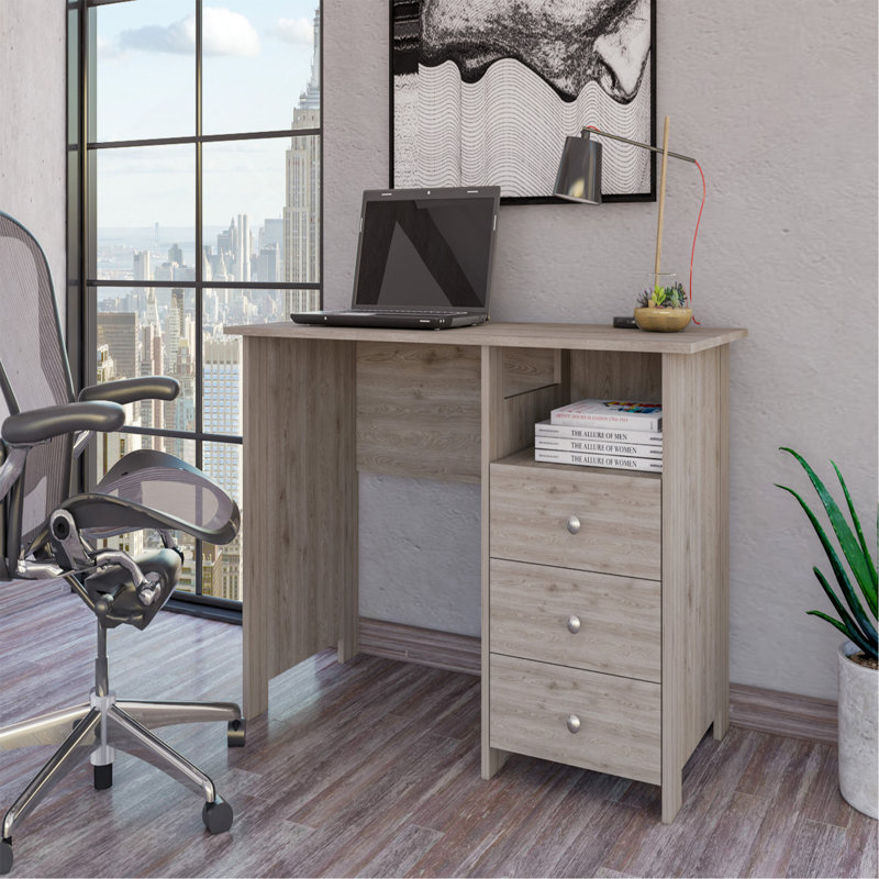 Bureau d'ordinateur avec tablette de rangement ouverte et 3 tiroirs, gris clair