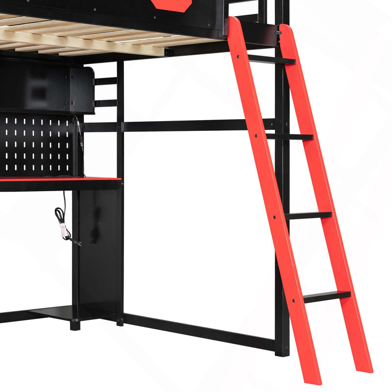 Lit mezzanine double en bois avec bureau, tablettes, lumières DEL, ports USB et panneau perforé, Black/Red