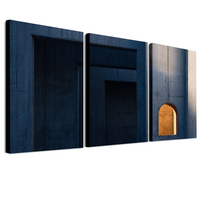 Blue Concrete Building Facade with Warm Arched Window Set Of 3 Canvas Wall Art
