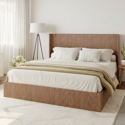 Large Grooved Undulating Lift Storage Bed Frame, Wooden Platform Bed Frame With Lift Storage, No Spring Box Required/No Noise,   Slatted  Wood(/Nking)
