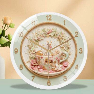 Horloge - Tasse à thé - Art floral - Couronne - Horloge murale moderne en verre 12 po