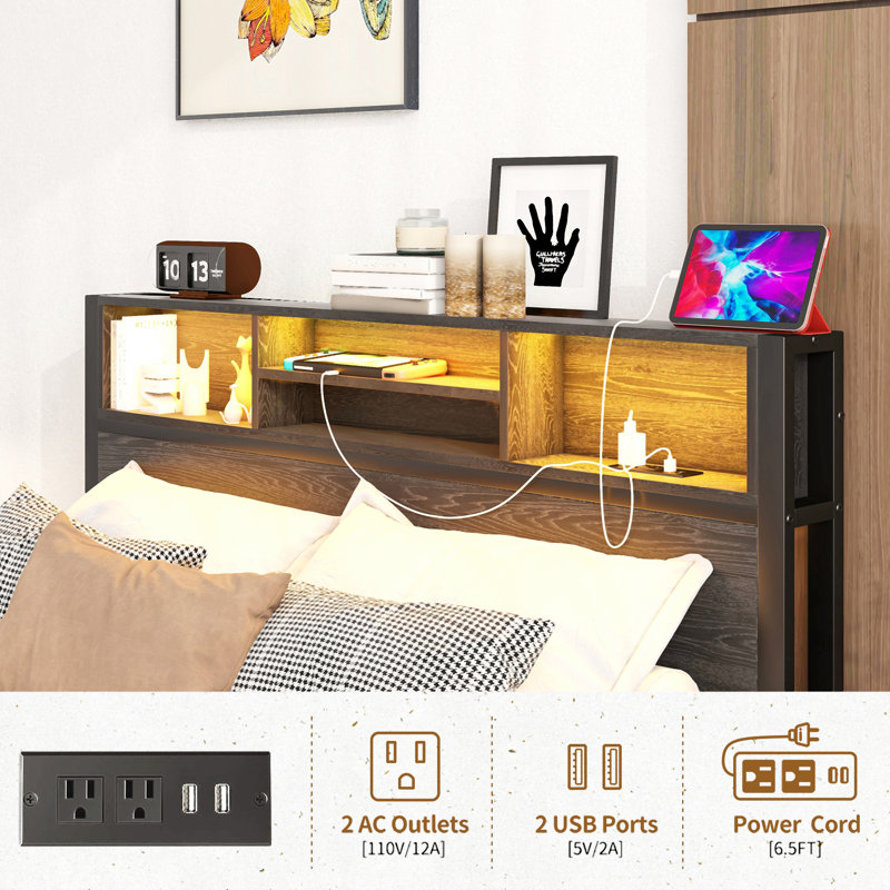 Full Size Bed Frame with Storage Headboard, Metal Platform Bed with Charging Station, Bookcase Storage, No Box Spring Needed, Easy Assembly, Noise-Free, Black 