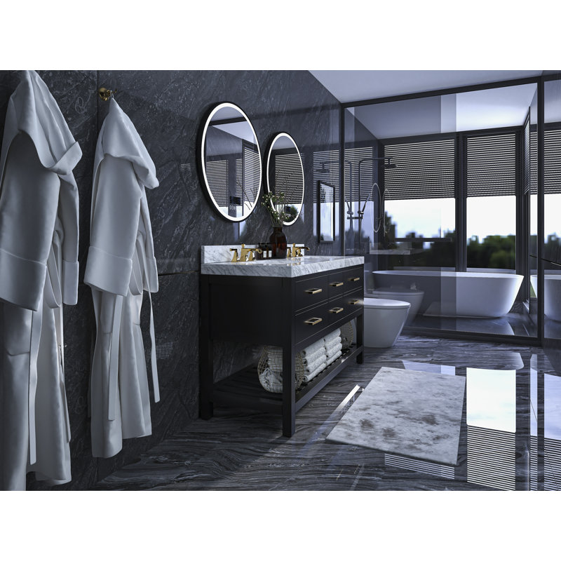 Elizabeth 60'' W Double Vanity, Black Onyx/Brushed Gold, Carrara White Marble