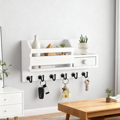 Wall Mount Key Holder With Mail Organizer, Storage Drawer And Display Shelf, Solid Wood And Metal Entryway Organizer For Keys, Mail And Small Items