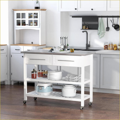 Îlot de cuisine avec plateau en acier inoxydable, tablettes de rangement et amp; Tiroirs de style maison de campagne gris | Pin blanc