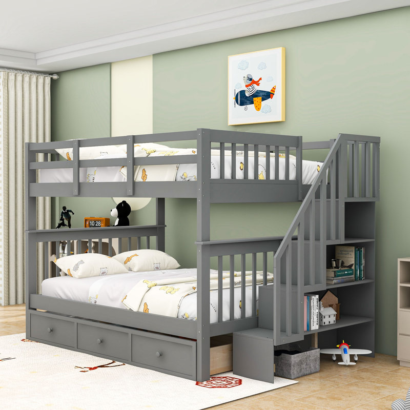 Dorth Kids Full Over Full Bunk Bed with Drawers, Gray