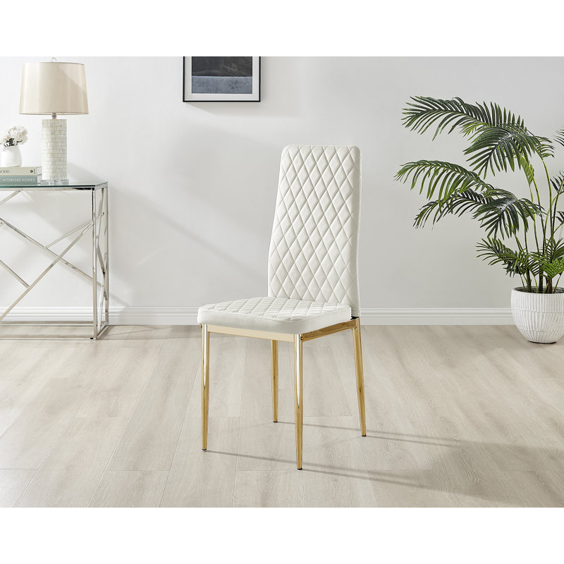 Keensburg Luxury Velvet Modern Tall Back Dining Chairs with Metal Legs & Diamond Stitching, Cream, Gold, 4