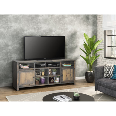 Meuble télé de 84 po de style rustique avec finition, pouvant accueillir jusqu'à 95 téléviseurs, sans assemblage, deux portes, cinq tablettes fixes en pouces, pouvant accueillir des téléviseurs de haut