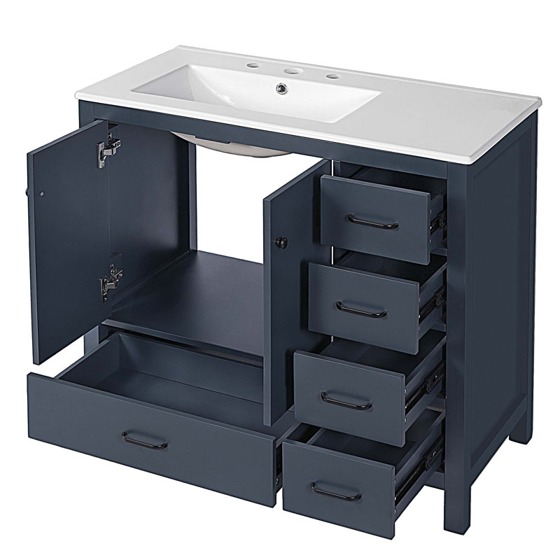 Meuble-lavabo 36 po avec lavabo en céramique, armoire de salle de bain avec 5 tiroirs et 2 portes, Bleu