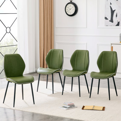 4 ensembles de chaises de salle à manger en polyuréthane vert olive rétro avec un coussin spacieux et confortable. Plusieurs couleurs disponibles, avec des pieds en métal noir et des pieds réglables, convenant à la salle à manger, au bureau et au bureau, etc.