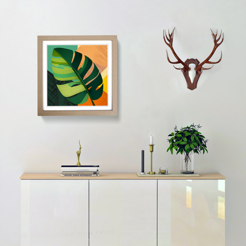Tropical Leaf Constructivism - Single Picture Frame Print on Wood, Oak
