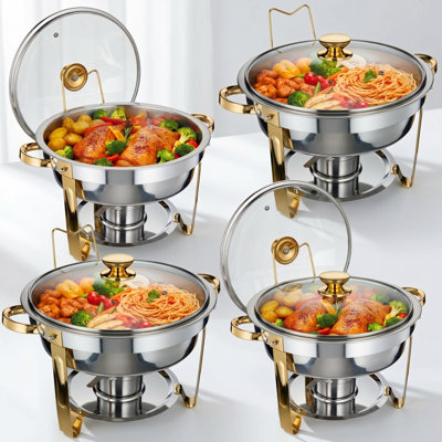 Ensemble de 4 réchauds 5QT pour buffet, ensemble de réchaud rond en acier inoxydable avec couvercles en verre, ensembles de chauffe-plats pour la restauration, les réceptions, les dîners - or et argent