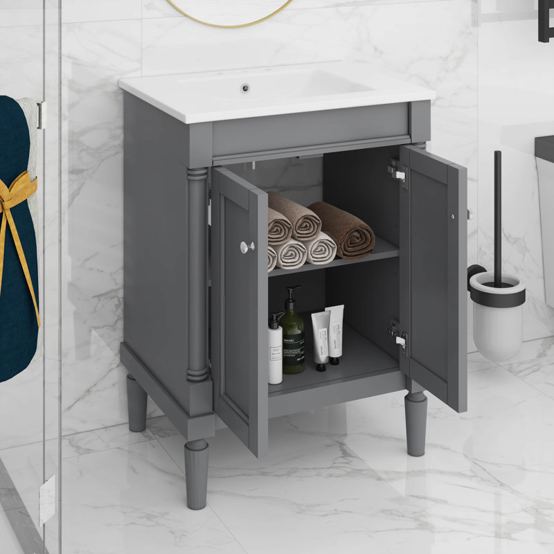 Armoire de rangement de salle de bain moderne à 2 niveaux avec grandes tablettes de rangement, Gris