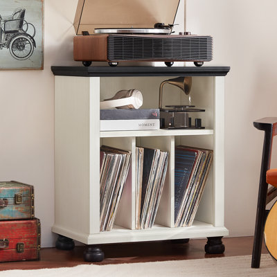 24-Inch Mid-Century Record Player Stand with Vinyl Storage, Display Shelf & Wire Management