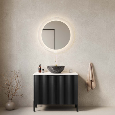 Meuble-lavabo de salle de bain 30 po avec lavabo, meuble de rangement autoportant avec cuve en céramique à 2 portes avec motif en pierre et comptoir en pierre frittée Carrara, sans robinet