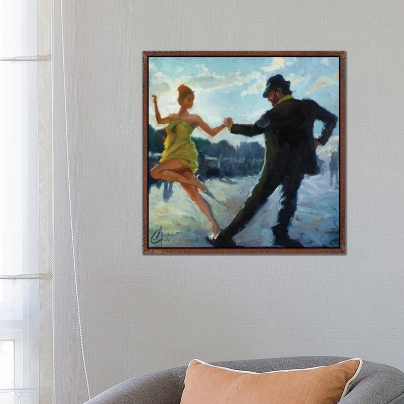 Tango In The Piazza by Christopher Clark - Painting on Canvas, 66.04 cm H x 66.04 cm W, Classic Brown Wood Framed