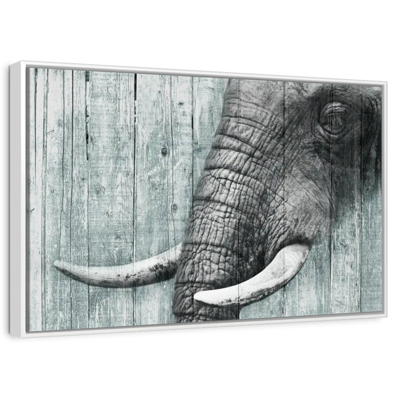 Elephant On Textured Wood, Floating Frame White, 37" X 25"